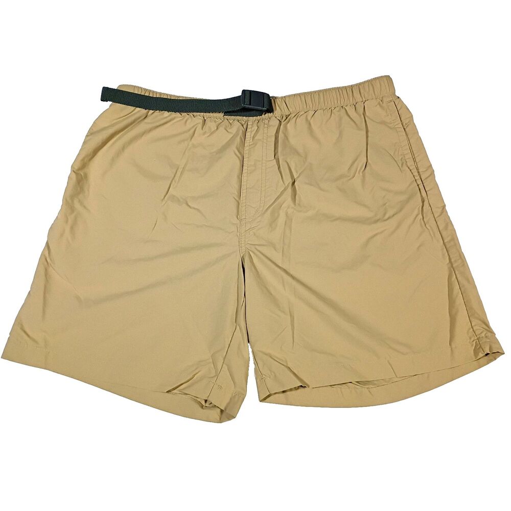 Columbia Omni Shade Belted Swim Shorts L Tan Mesh Lined Pockets Swim Trunks